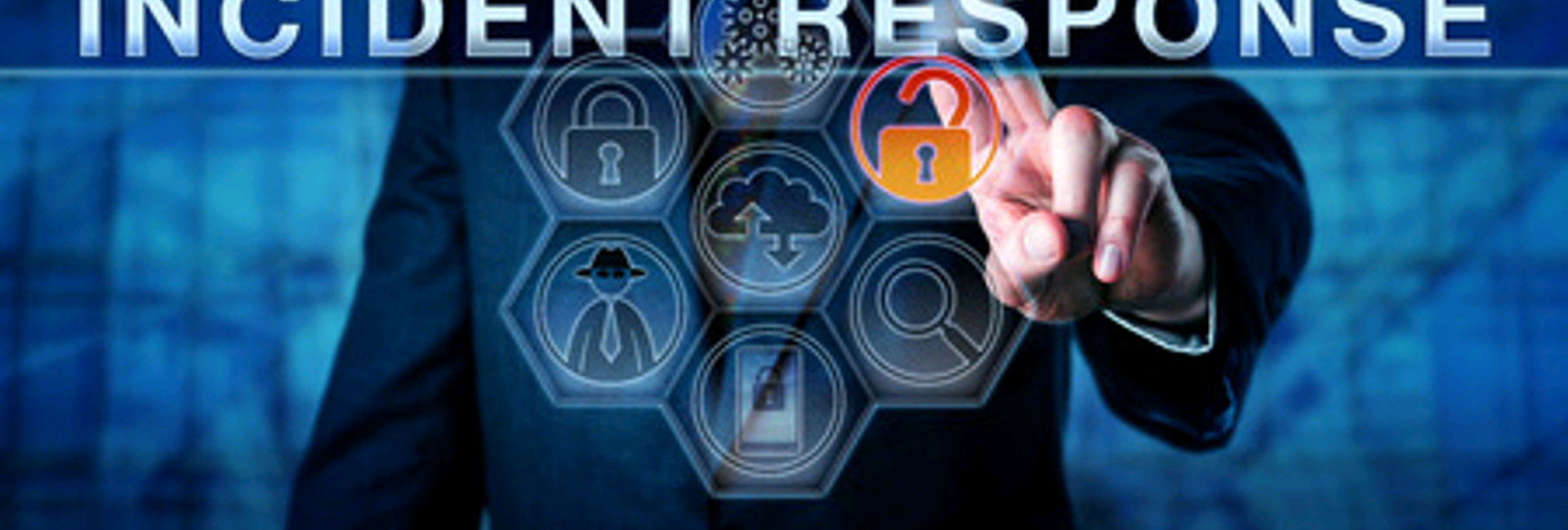Business man touching a unlocked padlock icon indicating an IT incident response