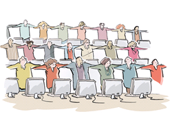 Cartoon of a people standing at their desk with arms linked creating a human firewall for IT Security