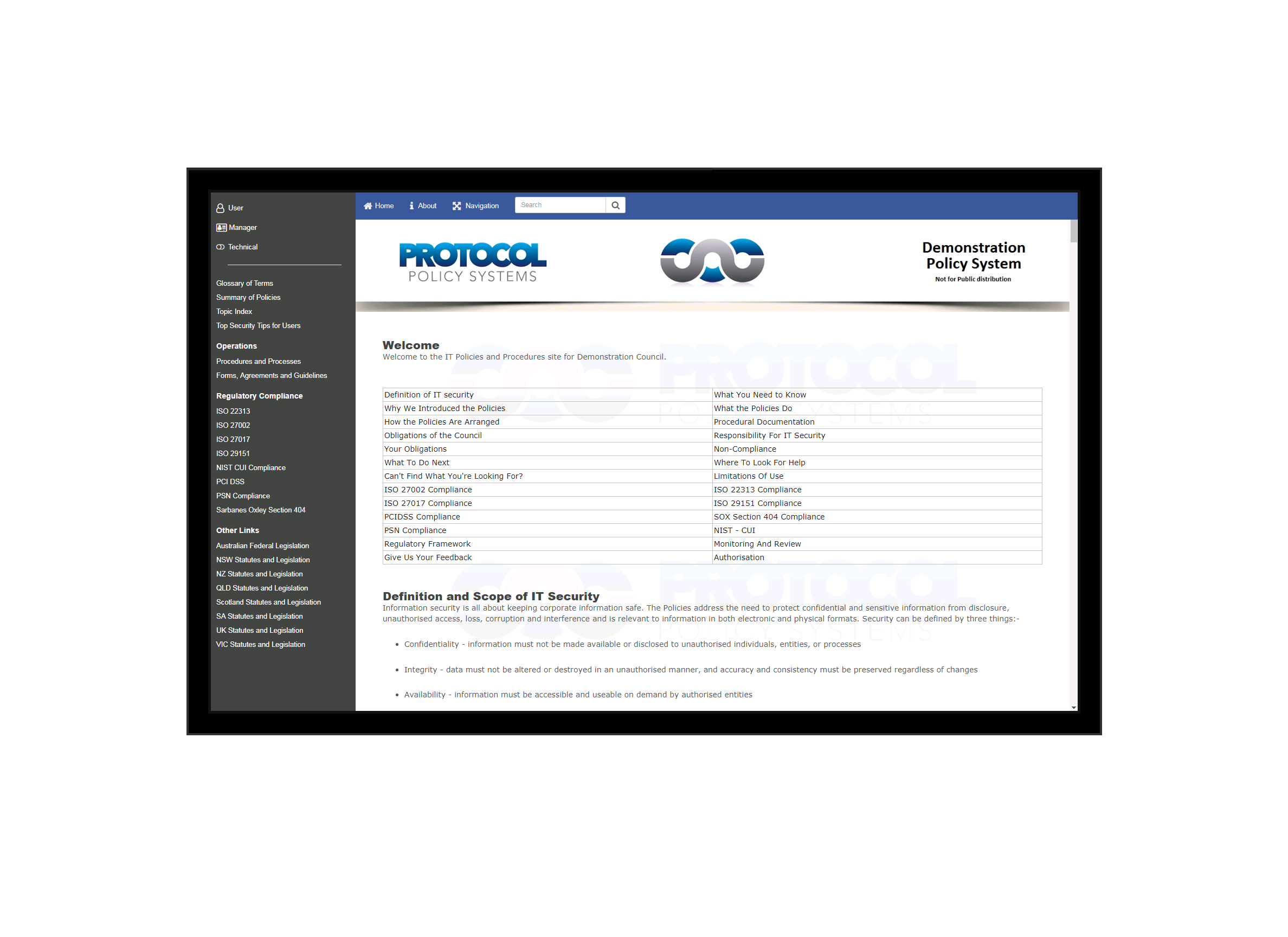 A monitor displaying the IT Policy Management as a Service offering