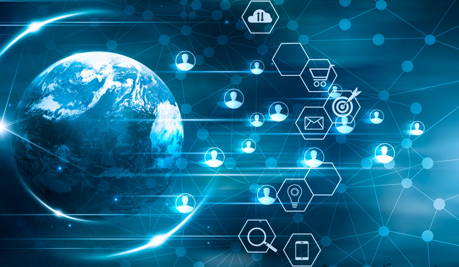 The globe with icons on IT Security, the cloud, email security, and personnel