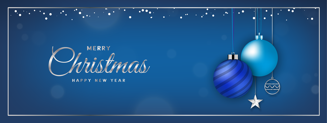  A blue background with Baubles and the words 'Merry Christmas, Happy New Year'