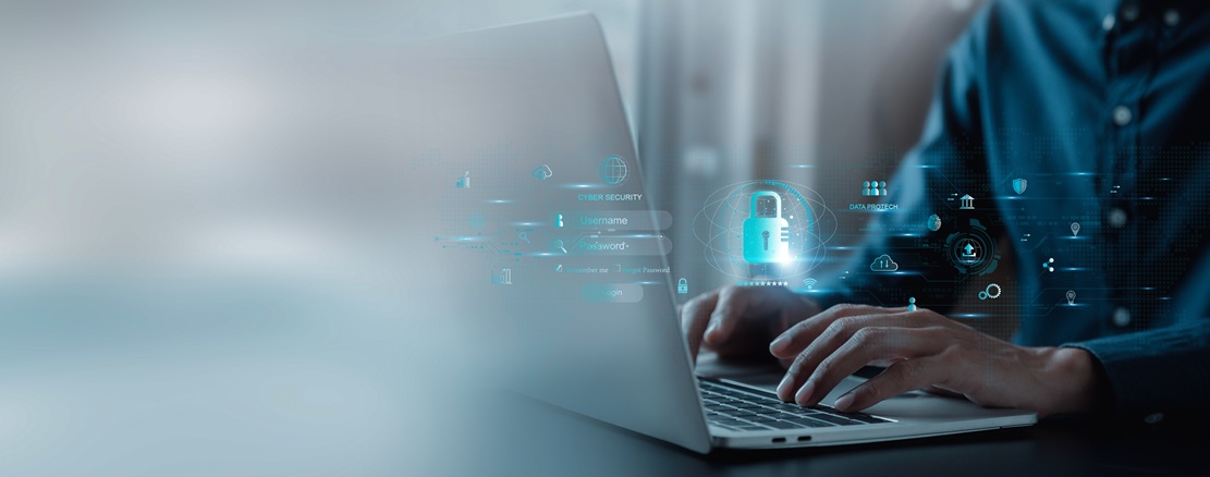 A person typing on a laptop with an overlay of a padlock with a series of icons representing the key functions of an Information Security Risk Management Committee