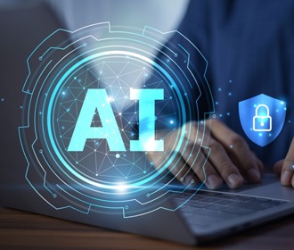 A person working on a laptop on a data governance strategy, with the word ‘AI’ and an overlay of a padlock and shield symbol representing AI best practice.