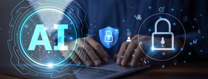 A person working on a laptop on a data governance strategy, with the word “AI” and an overlay of a padlock and shield symbol representing AI best practices.