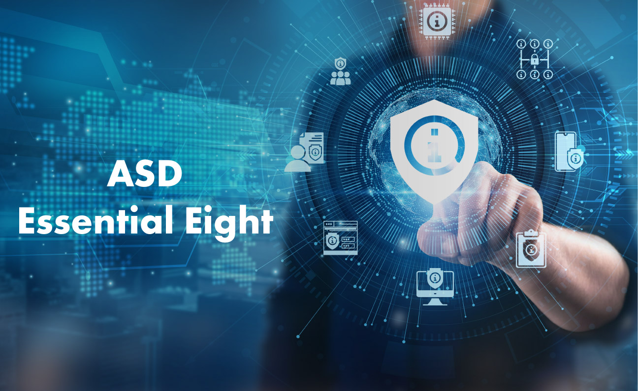 A person pointing at a shield surrounded by eight IT security icons, representing the strategies in the ASD Essential Eight framework.