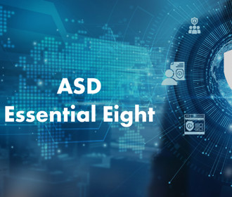 A person pointing on a shield symbol with 8 other IT Security relates symbols around it representing the 8 strategies in the ASD Essential Eight Framework 