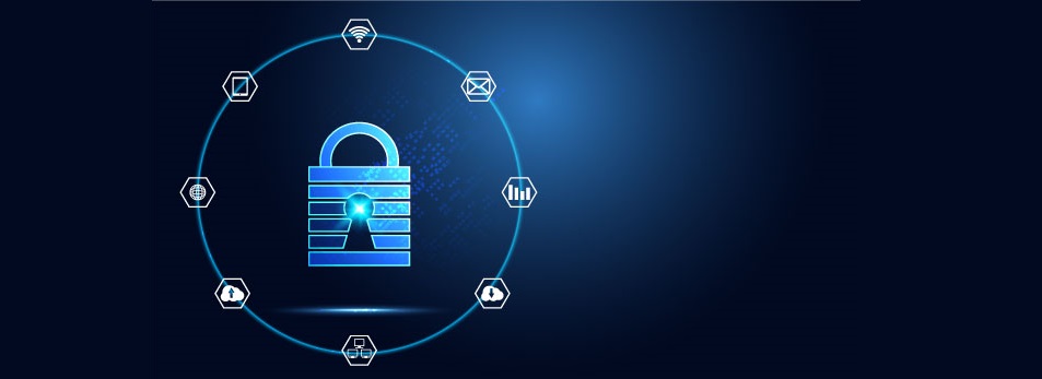 Padlock with a ring of icons for digital assets, systems, and data - demonstrating a strong IT Security Posture 