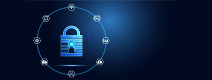 Padlock with a ring of icons for digital assets, systems, and data - demonstrating a strong IT Security Posture 